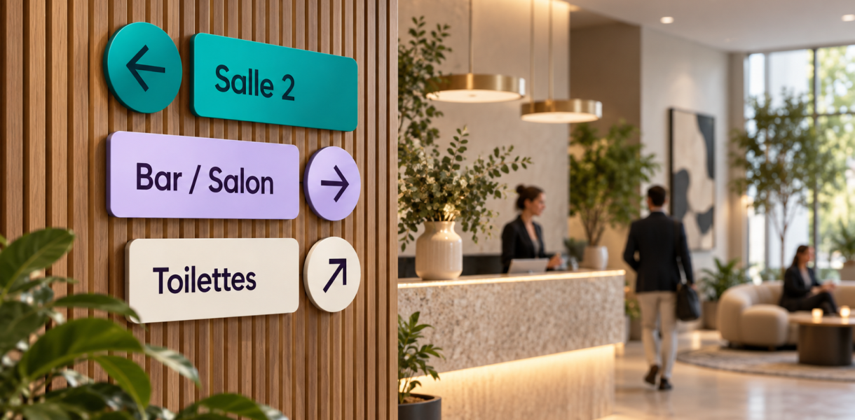 Signalétique directionnelle personnalisée BOITEDECOM dans un espace professionnel